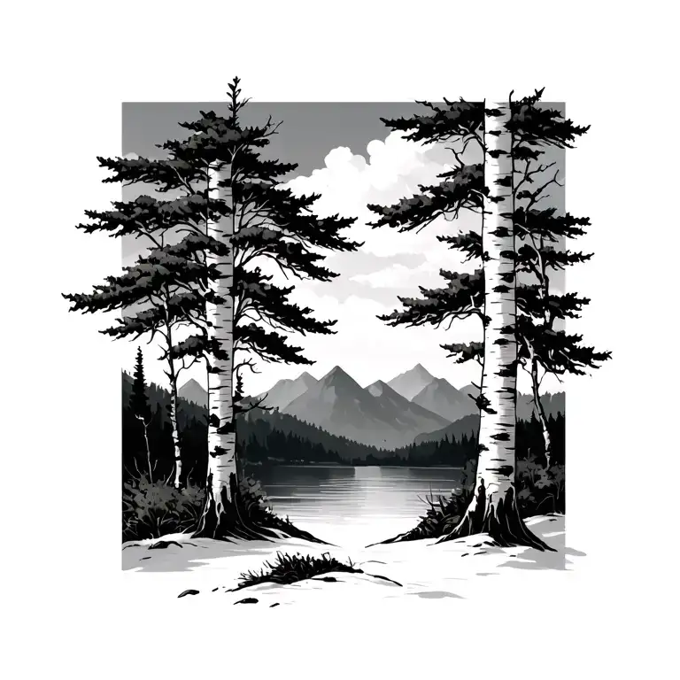 birch trees with mountains in the background tattoo design idea