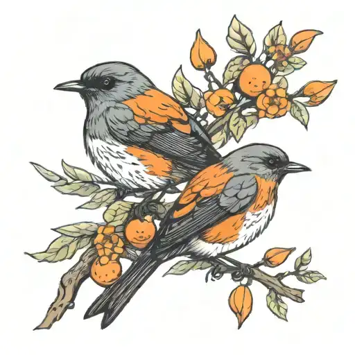 two robins on an orange branch, one robin is flying tattoo design idea