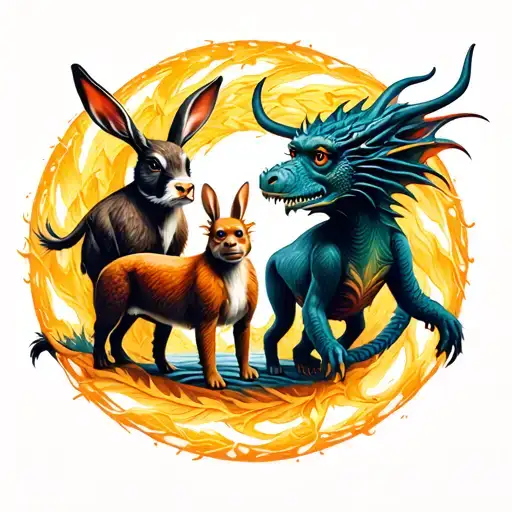 An ox, a rabbit, a monkey and a dog surrounded by a dragon circle tattoo design idea