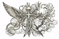 cross ribbon tree cancer bird angel holding tattoo design idea