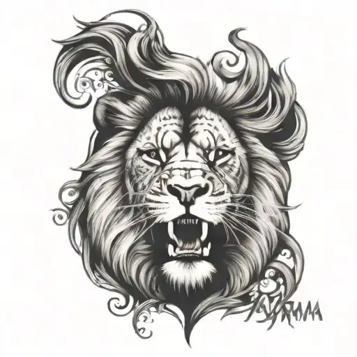 lion face with karma written underneath tattoo design idea