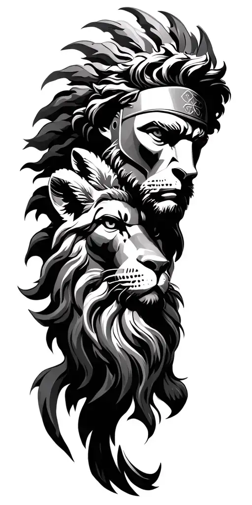 spartan, greek god and lion tattoo design idea