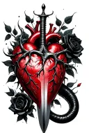 A dagger piercing a realistic bleeding human heart ensnared by black roses with thorns. Add a black mamba around all tattoo design idea