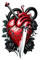 A dagger piercing a realistic bleeding human heart ensnared by black roses with thorns. Add a black mamba around all tattoo design idea
