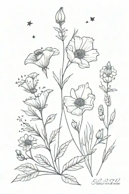 lavender and California poppy with Gemini constellation  tattoo design idea