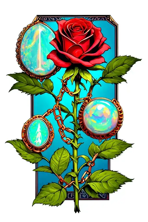red rose stem with a chain of opals with the zodiac signs for libra, gemini, virgo, and scorpio  tattoo design idea
