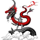 Quetzalcoatl the sky feather serpent, , a guy on top of a mountain cliff looking up at Quetzalcoatl , clouds, red lig tattoo design idea