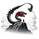 Quetzalcoatl the sky feather serpent, , a guy on top of a mountain cliff looking up at Quetzalcoatl , clouds, red lig tattoo design idea