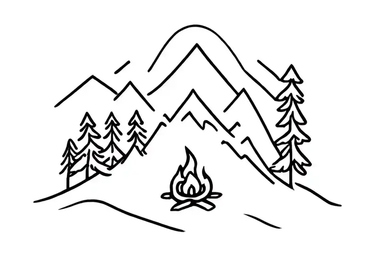 simple tattoo that represents Hiking, mountains, camping, campfire, black and white, forest, no people tattoo design idea
