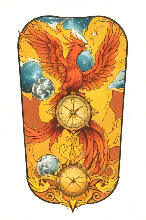 phoenix, light of beacon, compass, time piece, solar system tattoo design idea