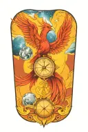 phoenix, light of beacon, compass, time piece, solar system tattoo design idea