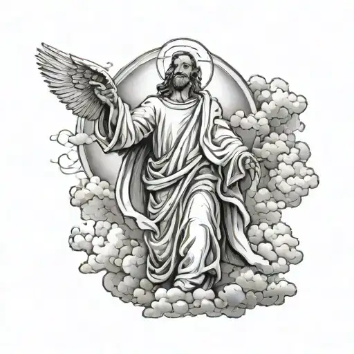 Jesus walking away and dove on top with clouds with 3 crosses at bottom tattoo design idea