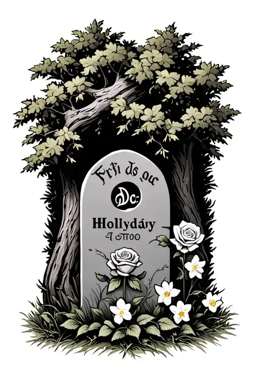 Doc Holliday gravestone beside a cedar tree with a rose and narcissus flowers tattoo design idea