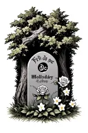 Doc Holliday gravestone beside a cedar tree with a rose and narcissus flowers tattoo design idea