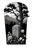 Doc Holliday gravestone beside a cedar tree with a rose and narcissus flowers tattoo design idea
