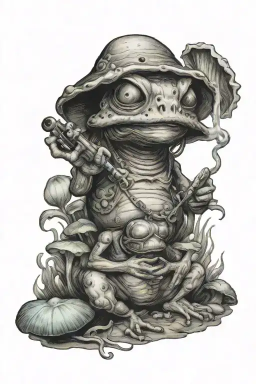 aliens with blue lotus and mushrooms toad smoking tattoo design idea