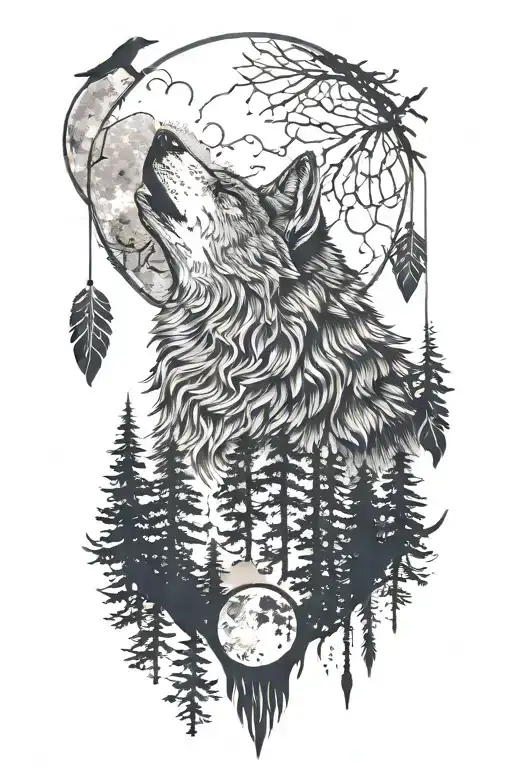 wolf howling at the moon silohouette, forest, cresent moon, arrowhead, dream catcher,forest tattoo design idea
