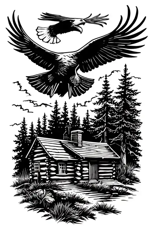 Log Cabin With An Acoustic Guitar In Front And An Eagle Flying Above. Nature Scene Tattoo tattoo design idea