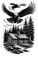 Log Cabin With An Acoustic Guitar In Front And An Eagle Flying Above. Nature Scene Tattoo tattoo design idea