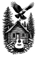 Log Cabin With An Acoustic Guitar In Front And An Eagle Flying Above. Nature Scene Tattoo tattoo design idea