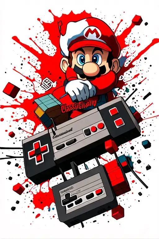 3d falling tetris pieces with mario symbols and nes controller. words "classically trained" tattoo design idea