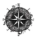 An intricate design of a compass rose with musical notes swirling around it, symbolizing your love for music and travel tattoo design idea