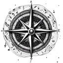 An intricate design of a compass rose with musical notes swirling around it, symbolizing your love for music and travel tattoo design idea