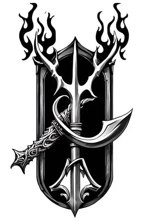 hades pitchfork with flames left arm tattoo design idea