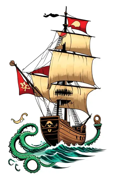 pirate ship sailing captured by the Kraken emerging tattoo design idea