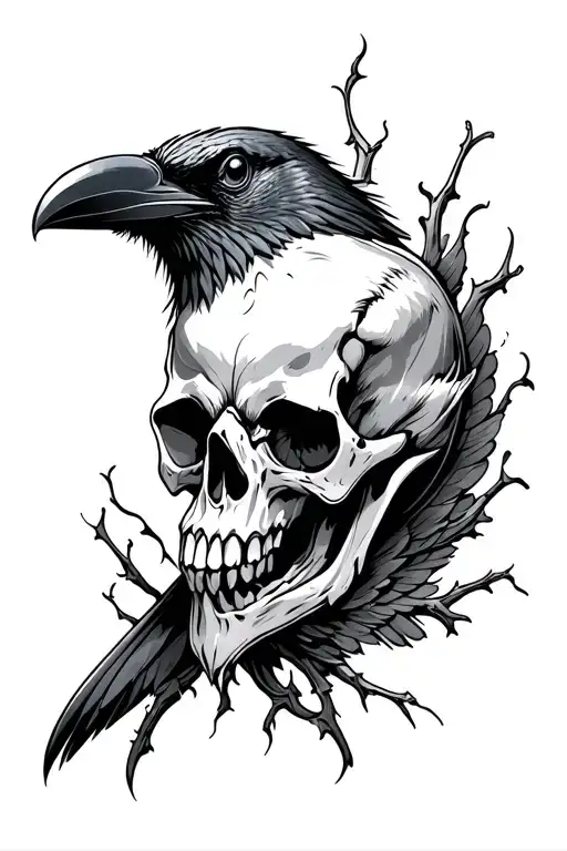 Black and Grey "Crow Skull" Tattoo - BlackInk AI