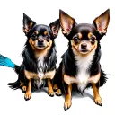 German shepherd and  a long haired Chihuahua black and grey and a short hair Chihuahua fawn with a green wing macaw  tattoo design idea