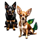 German shepherd and  a long haired Chihuahua black and grey and a short hair Chihuahua fawn with a green wing macaw  tattoo design idea