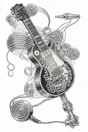 Gibson Les Paul guitar merging with 1 retro microphone and 20 piano keys  tattoo design idea