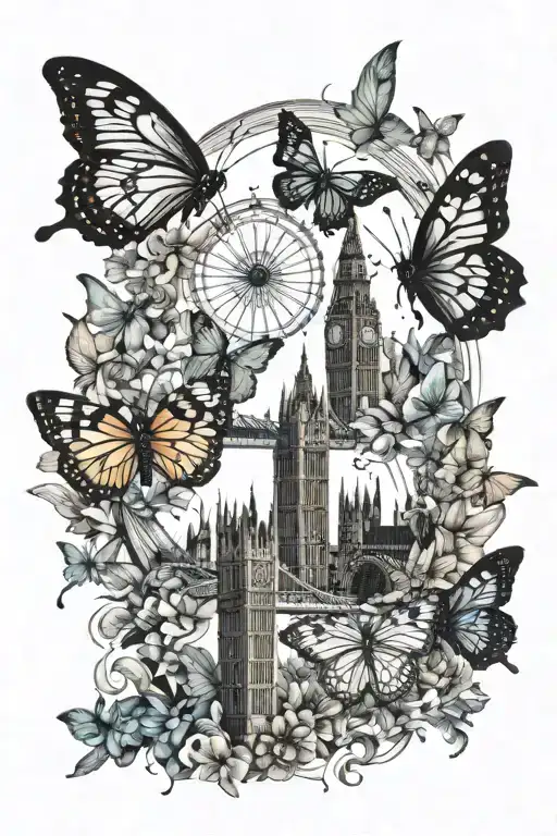 london skyline and butterflies and rainbow tattoo design idea