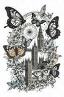 london skyline and butterflies and rainbow tattoo design idea