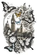 london skyline and butterflies and rainbow tattoo design idea