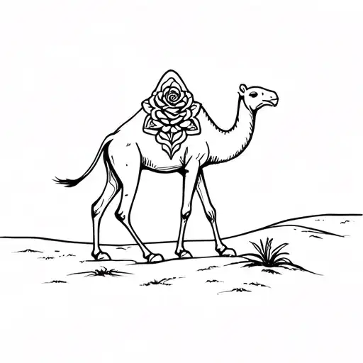 camel walking in the desert with no background and a desert rose on his skin tattoo design idea