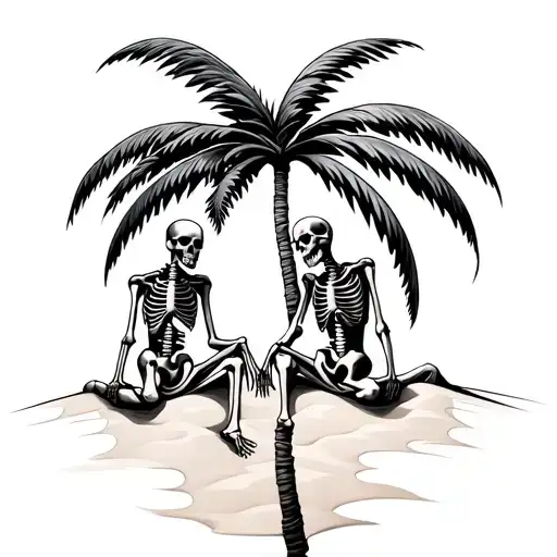 black and grey realism of a curved palm tree with two male skeletons sitting in the sand holding hands leaned against it tattoo design idea
