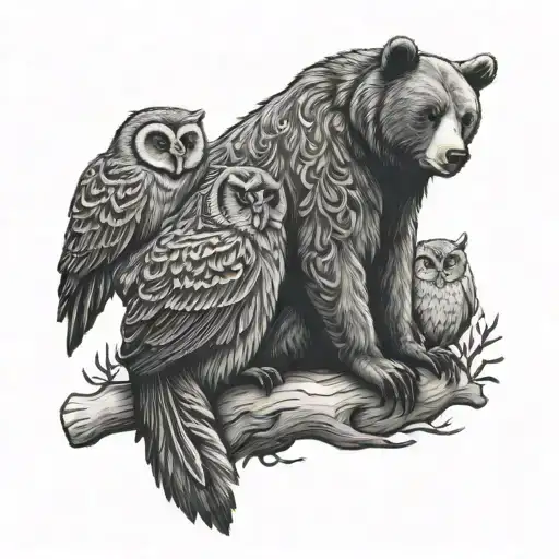 bear and owl sitting tattoo design idea