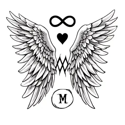 angel wings to the left and right side with a heard in the middle and infinity sign plus the letter M in minimalistic   tattoo design idea