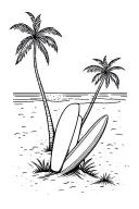 Surfboard stuck in sandy beach scene with palm trees tattoo design idea