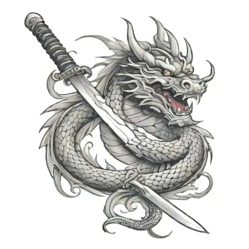 asian dragon surrounded katana sword tattoo design idea