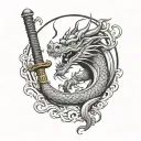 asian dragon surrounded katana sword tattoo design idea