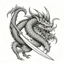 asian dragon surrounded katana sword tattoo design idea