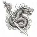 asian dragon surrounded katana sword tattoo design idea