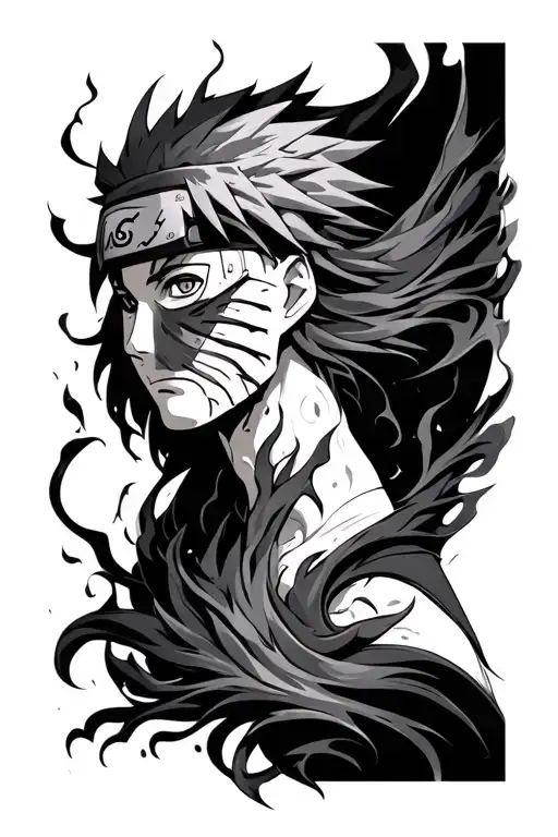 A black and grey tattoo featuring a mystical and dark interpretation of the Curse Mark from Naruto, flowing from the neck to the arm tattoo design idea