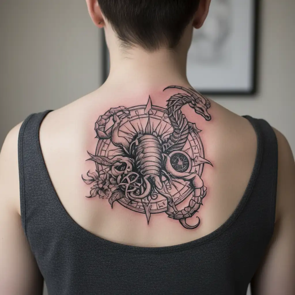 A tattoo of a majestic scorpion and goat intertwined, representing the Scorpio and Capricorn zodiac signs, with a compass rose in the background symbolizing your passion for travel tattoo design idea