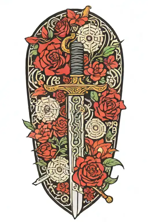 A V42 Knife intertwined with time and flowers and crossed arrows tattoo design idea