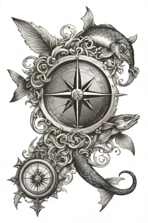 pisces symbol and compass surrounded tattoo design idea