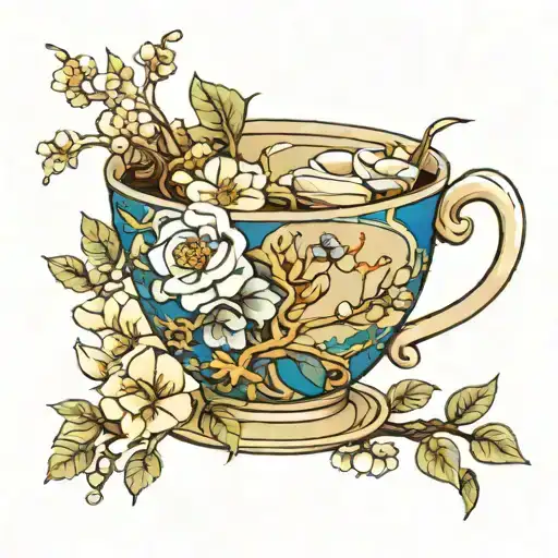 kintsugi tea cup with flowers tattoo design idea